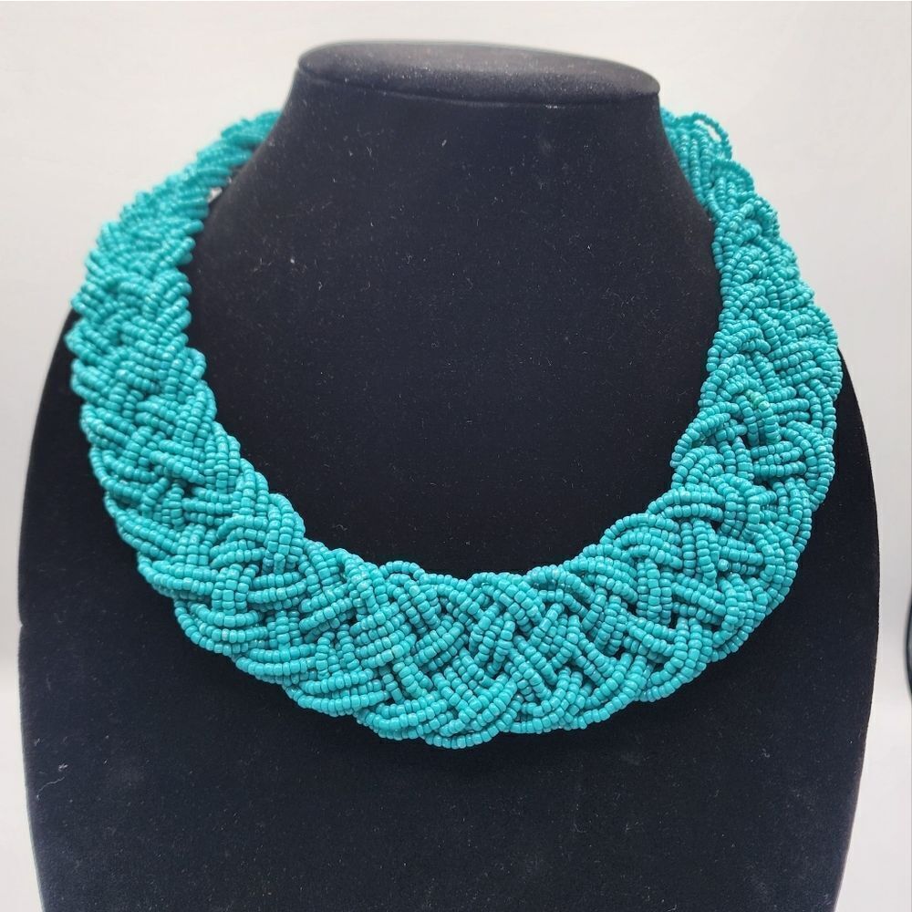 Blue beaded braided necklace